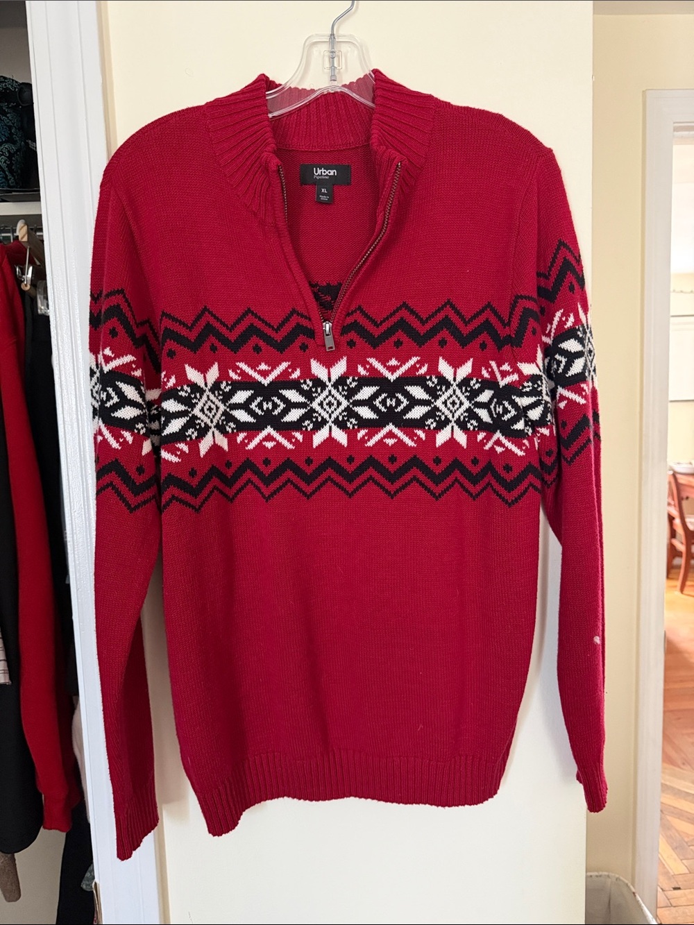 urban pipeline Red Fair Isle Half-Zip Sweater with Black and White Pattern